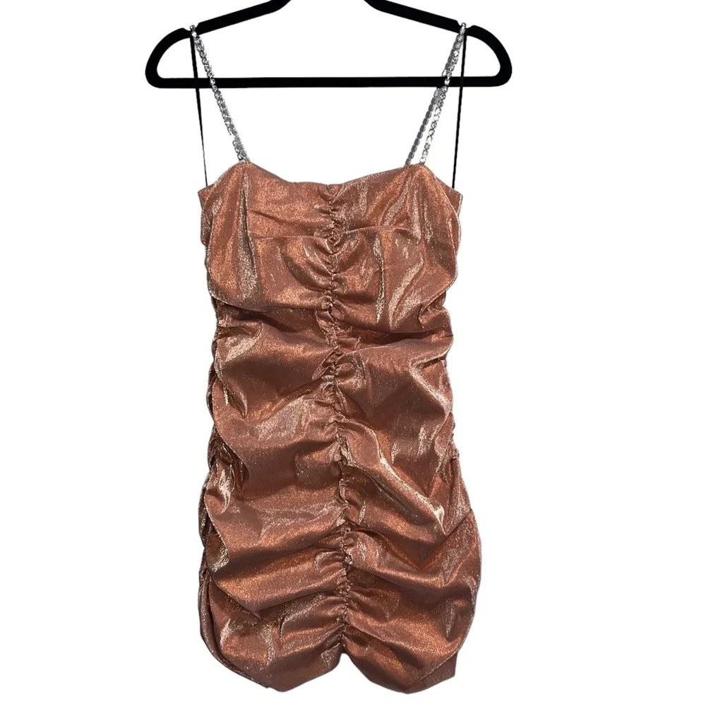 NEW NWT AREA Shirred Mini Dress Nude Gold Size M - Image 4