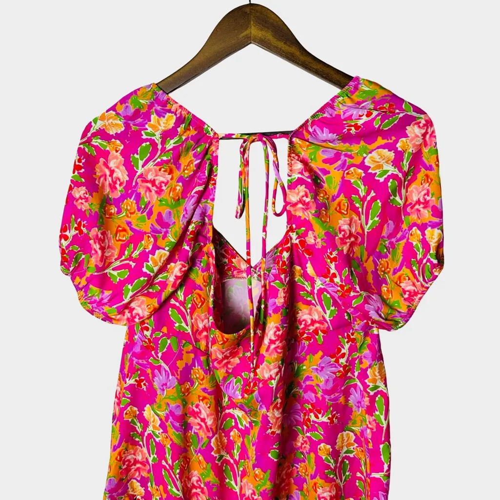RESA Amber Floral Mini Dress Size S Pink Puff Sleeve Open Back Tie - Image 8