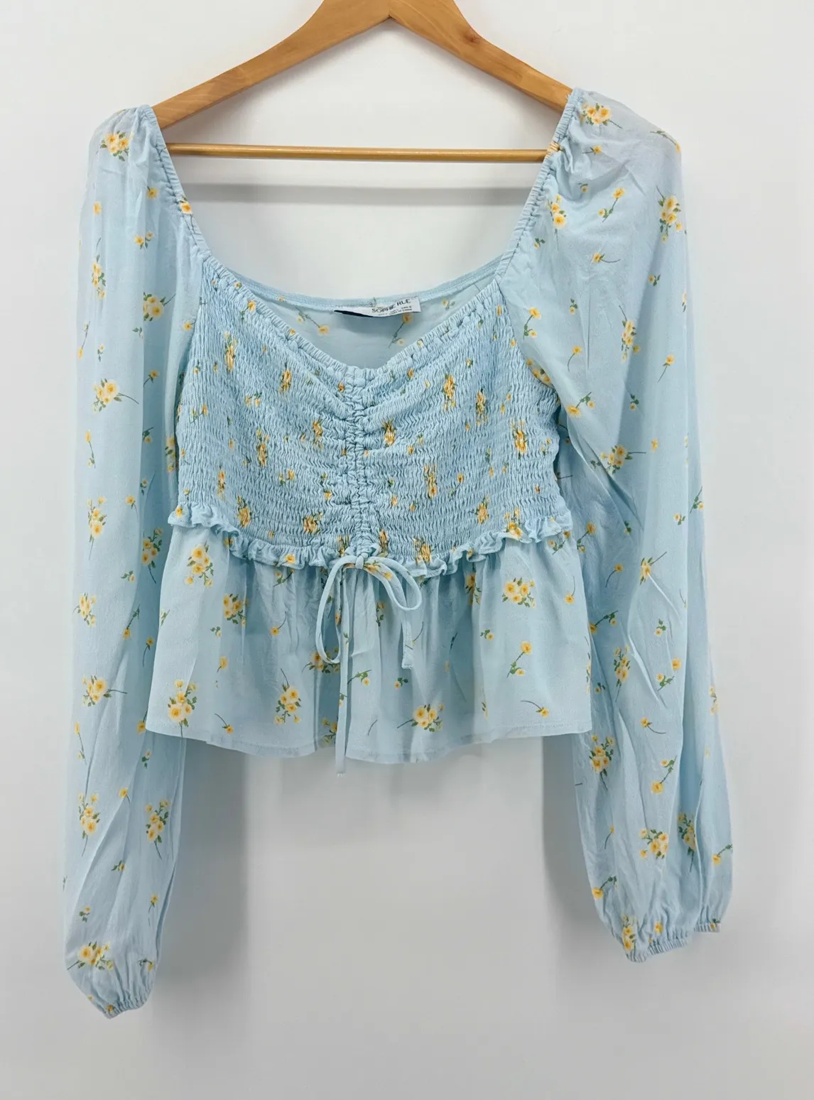 Sophie Rue Floral Long Sleeve Top Smocked Ruffle Tie Light Blue Large Peasant - Image 1