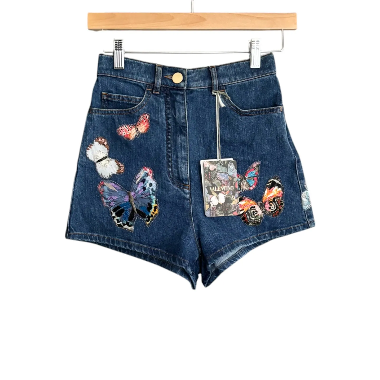 Valentino Jamaica Butterfly Denim Shorts Blue‎ Medium Wash Size 24 NWT - Image 3