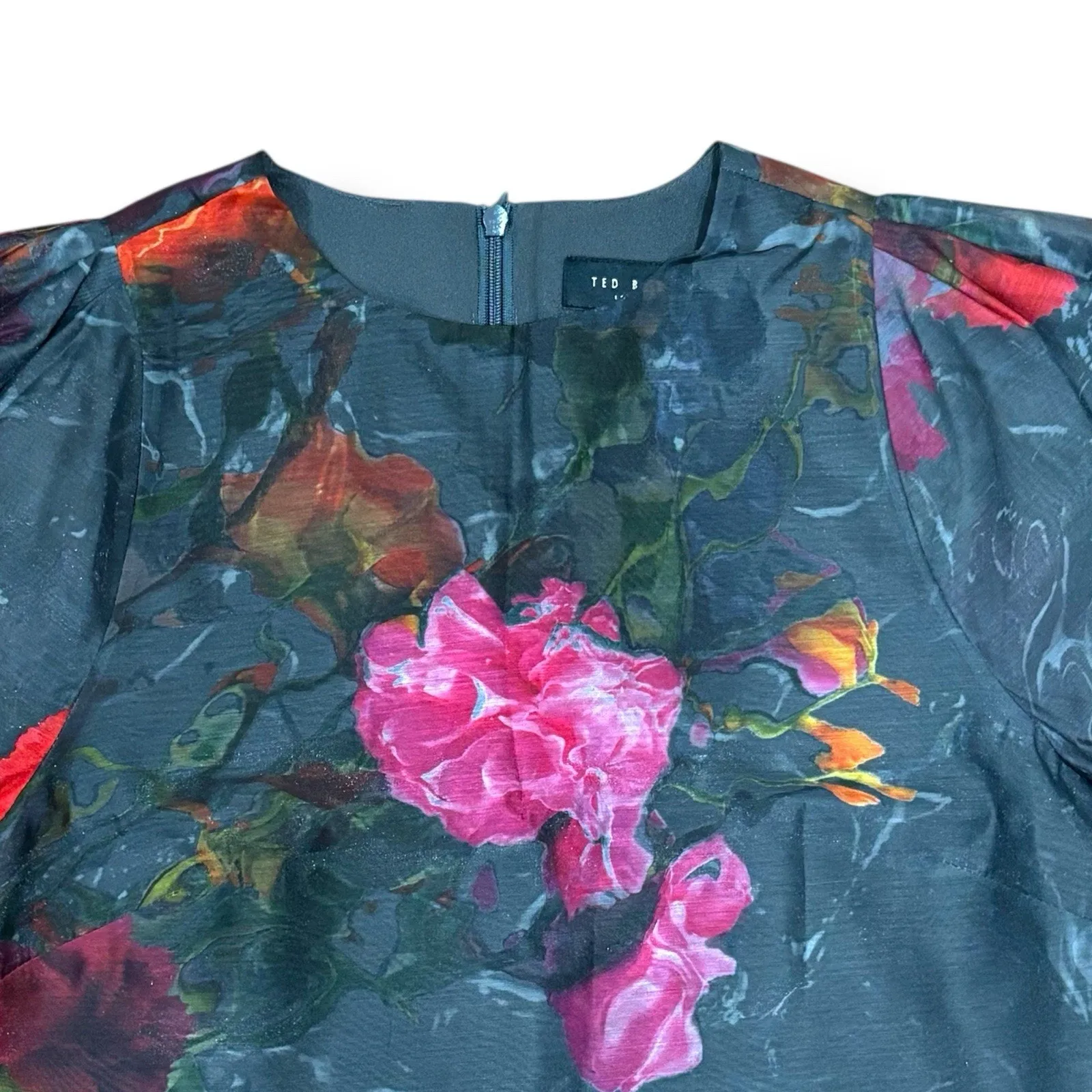 Ted Baker London Size 0 XS Gray Floral Puff Sleeve Blouse Top - Image 4