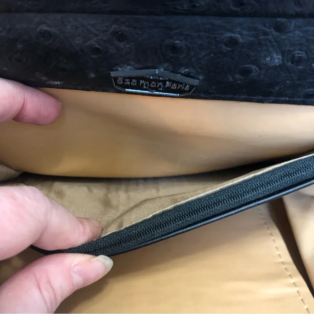 Vintage 60s Ostrich Leather Top Handle Bag Parisian Medicine Bag Purse Black - Image 15