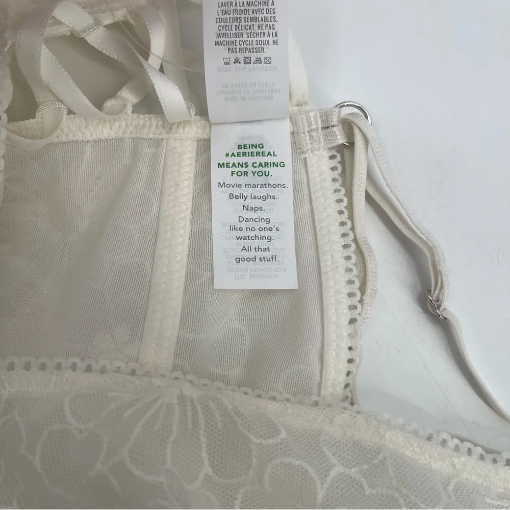 AERIE Bralette Size Medium Lace Embroidered Longline Bra Corset Cream Flower NWT - Image 11