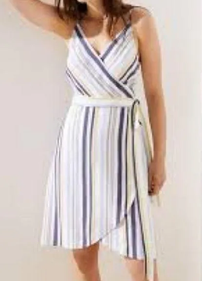 NWT Striped Loft Wrap Mini Dress Size 6 100% Rayon white blue and yellow stripes - Image 2