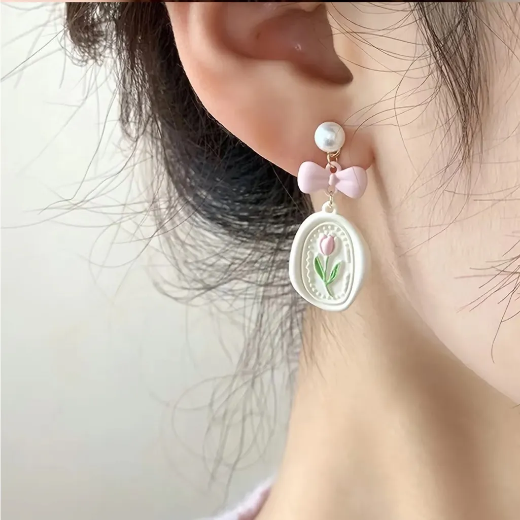 Cute Tulip White Earrings‎ Elegant Pink Bowknot Dangle Earrings - Image 5