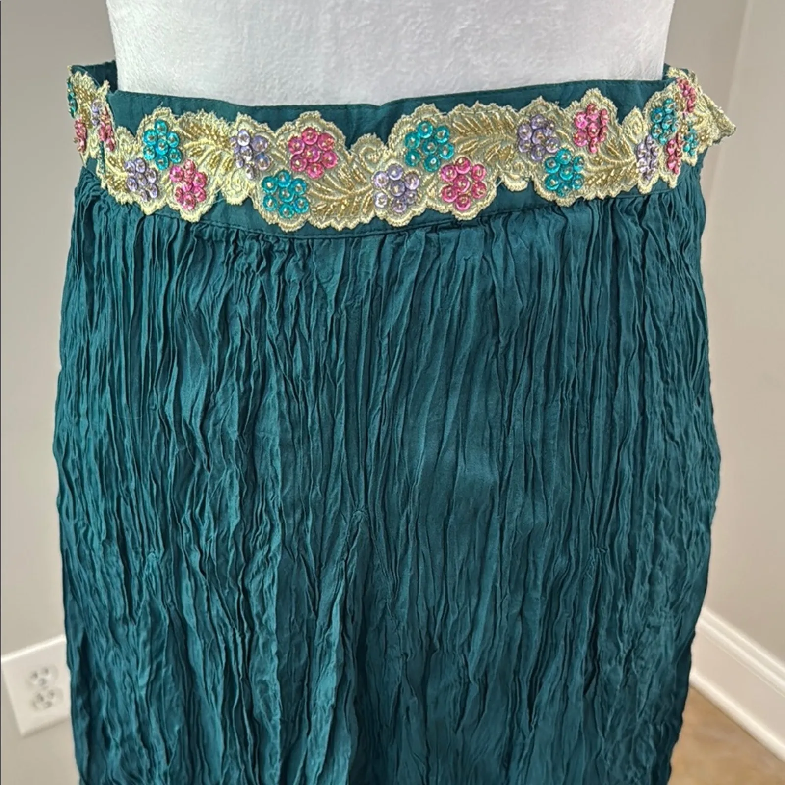Anthropologie Chaudry teal green gold beaded embellished maxi skirt M boho Size M - Image 4