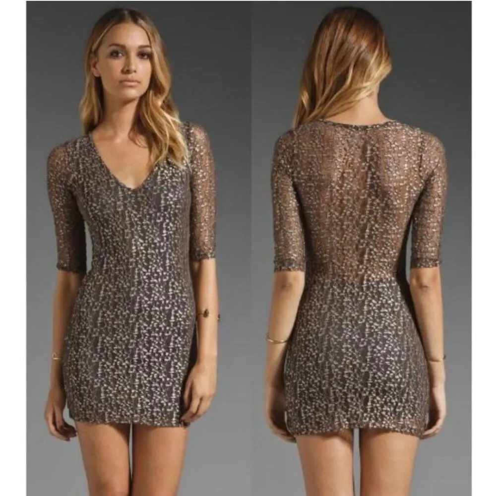 Nightcap by Carisa Rene Brown Cheetah Lace Deep V Neck Bodycon Mini Dress Med - Image 3
