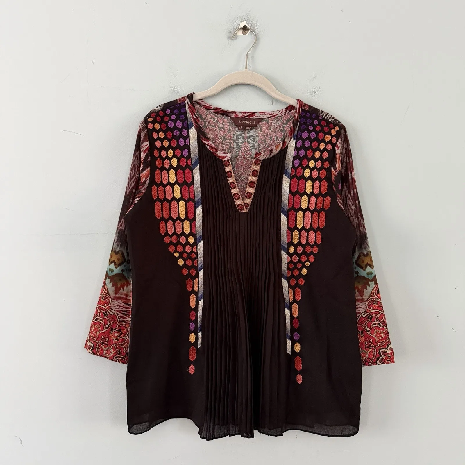 Ranna Gill Anthropologie Embroidered Spectral Print Pleated Peasant Top Black Size XS - Image 3