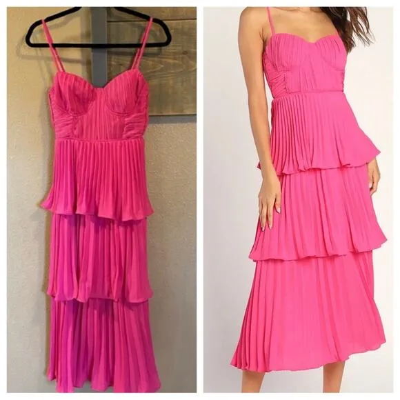 Lulus NWOT  Cascading Crush Hot Pink Tiered Bustier Midi Dress - Image 2