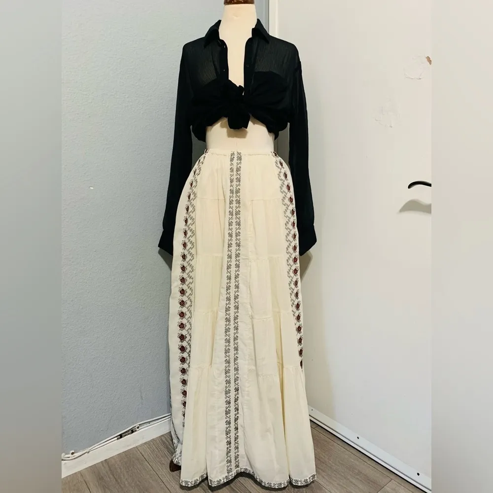Zara Bohemian Summer Beach‎ Ecru Long Embroidered Skirt Size XS-S 100% Cotton - Image 3