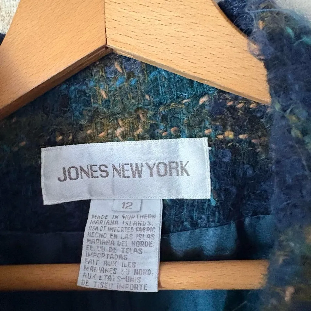 Vintage Jones New York green blue plaid angora wool mock neck cardigan jacket Size 12 - Image 6