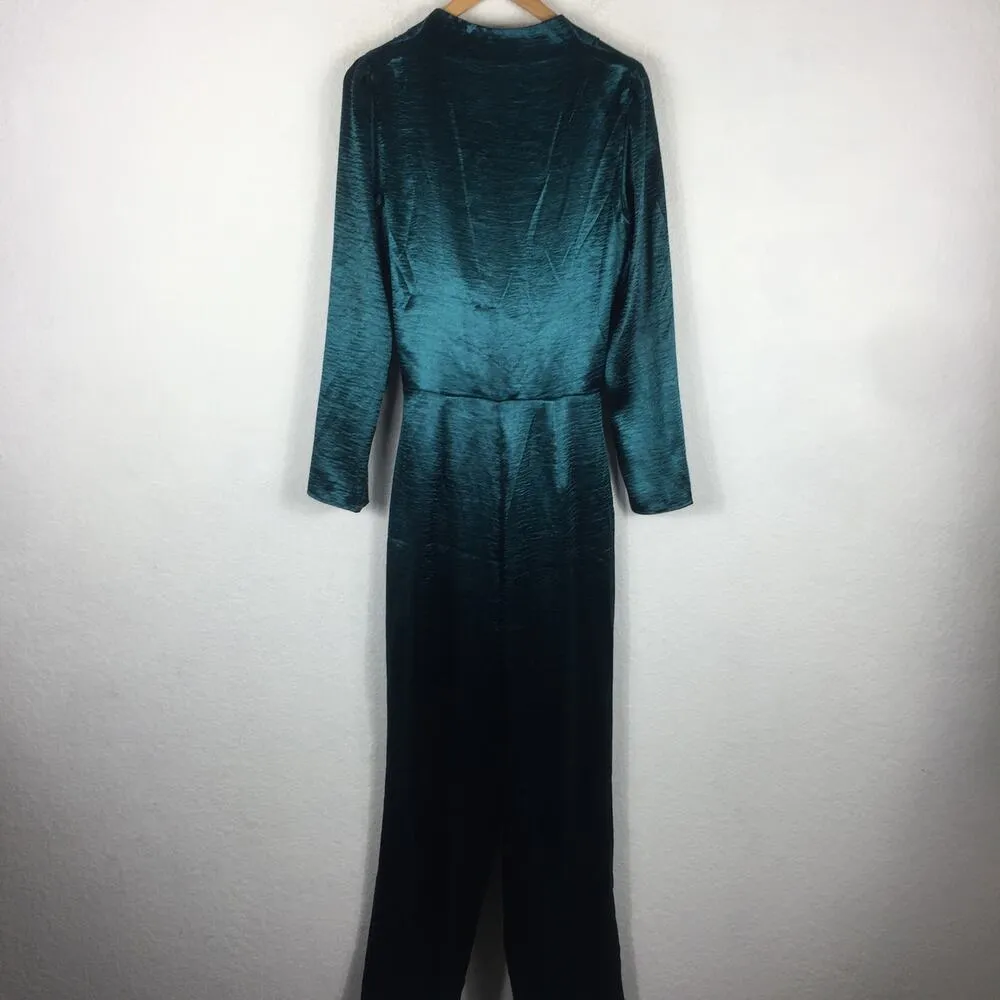 Lovers + Friends Kendall Green Satin Jumpsuit Medium Tie Front Long Sleeve - Image 13