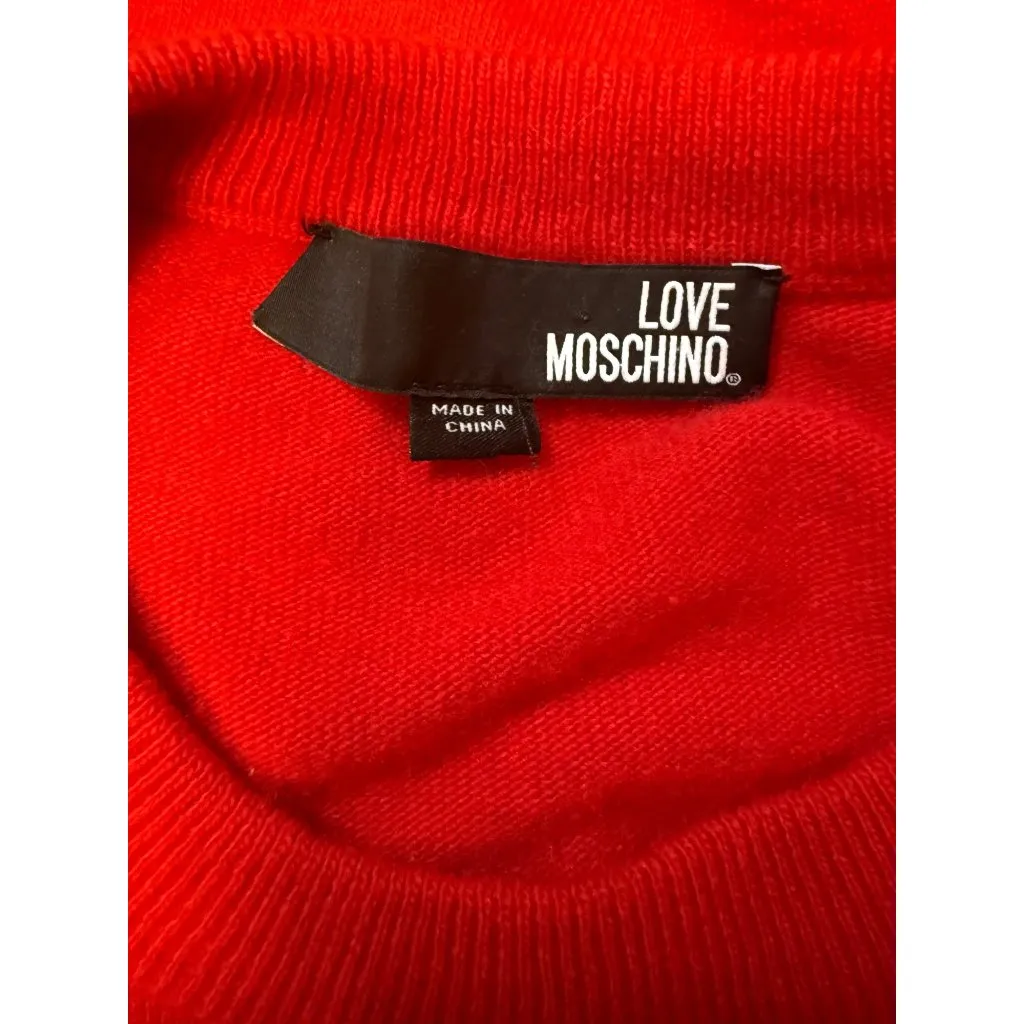 Love Moschino Red Knit Pullover Sweater With Logo Crewneck Long Sleeve S/M - Image 5
