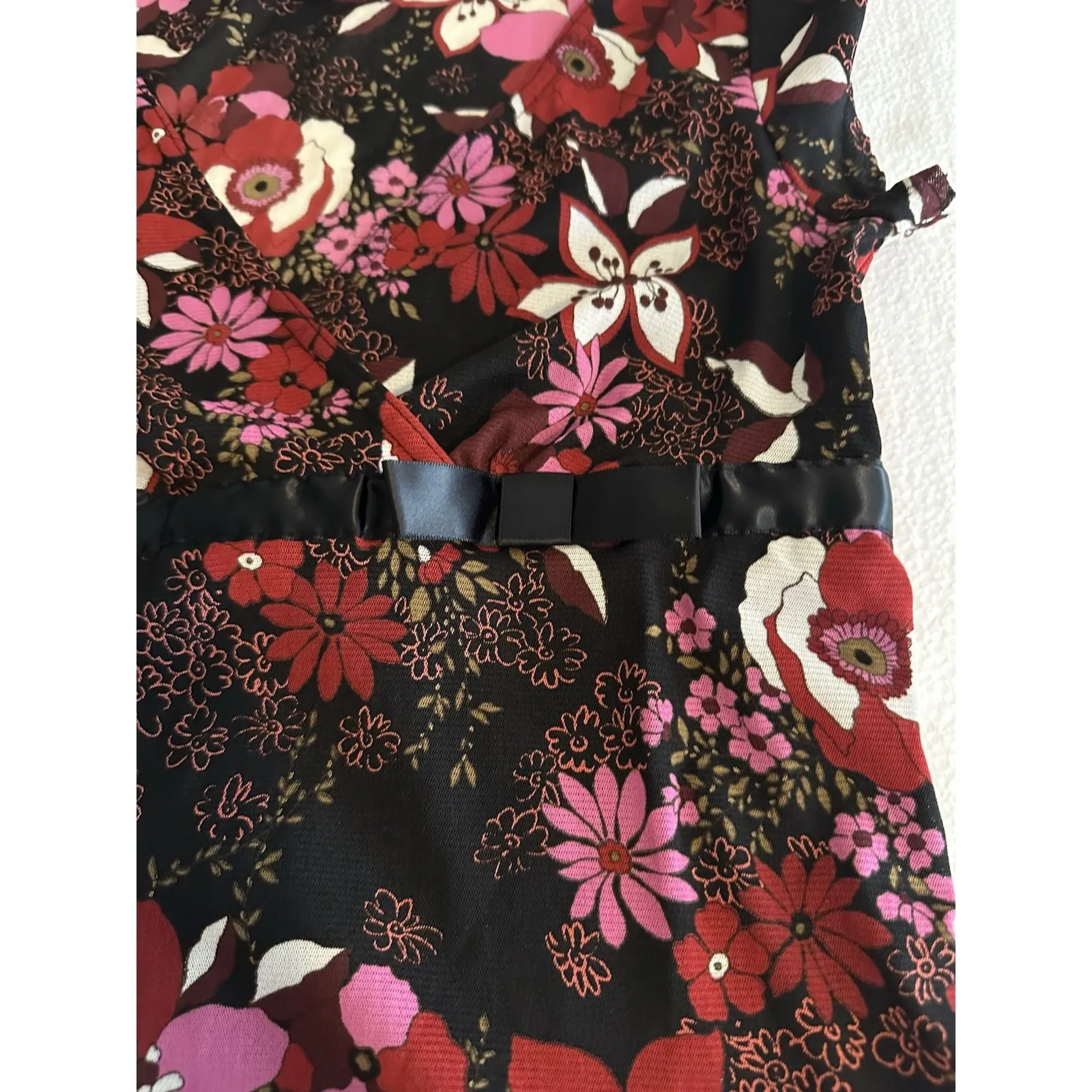 Self Esteem VTG Women's Y2K Black Pink Floral Babydoll Bow‎ Mesh Wrap Top Medium - Image 3