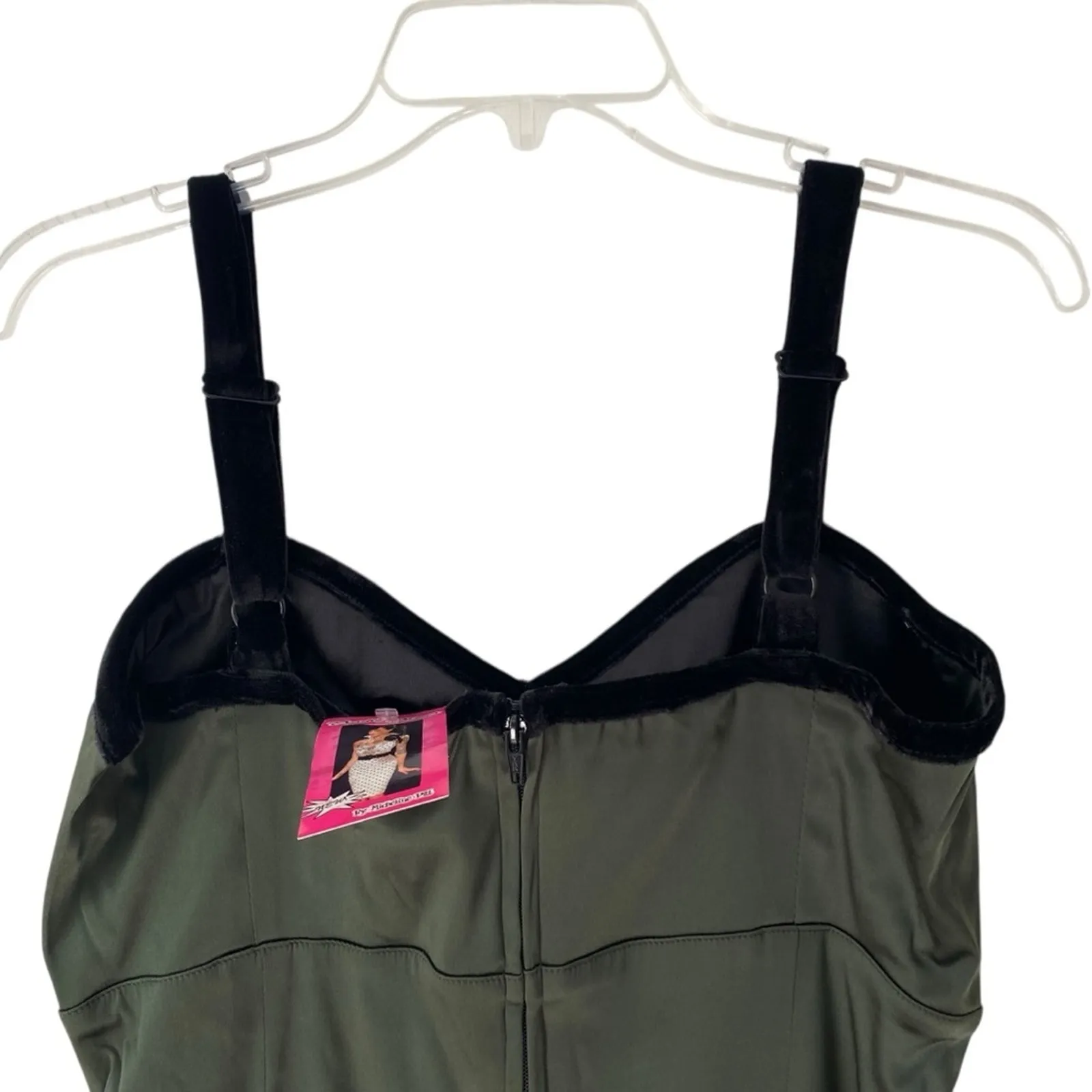 Deadly Dames Courtesan Black Olive Green Wiggle Pinup Dress NWTs Lace Satin - Image 6