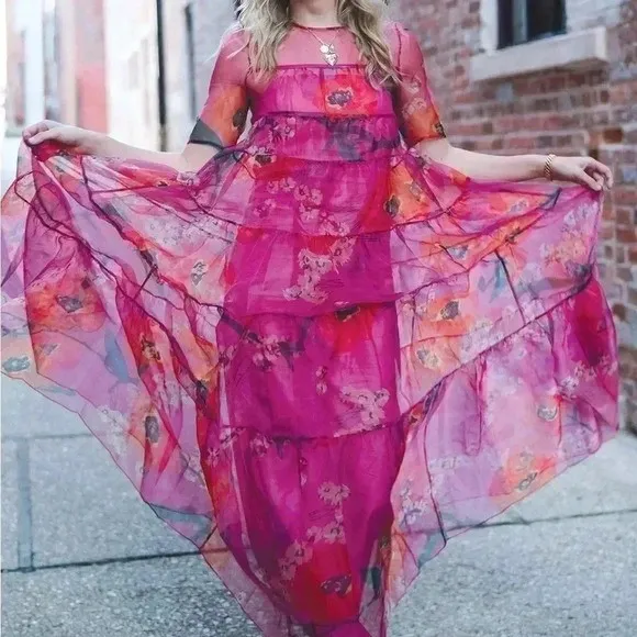 NEW STAUD Hyacinth Tiered Floral Organza Dress Size XS Pink Poppies - Image 7
