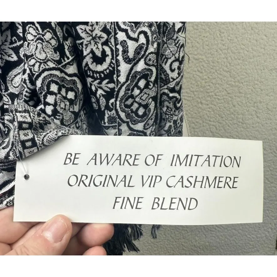 Gift From Jerusalem Scarf Womens One Size Black White Paisley Cashmere Fringe - Image 7