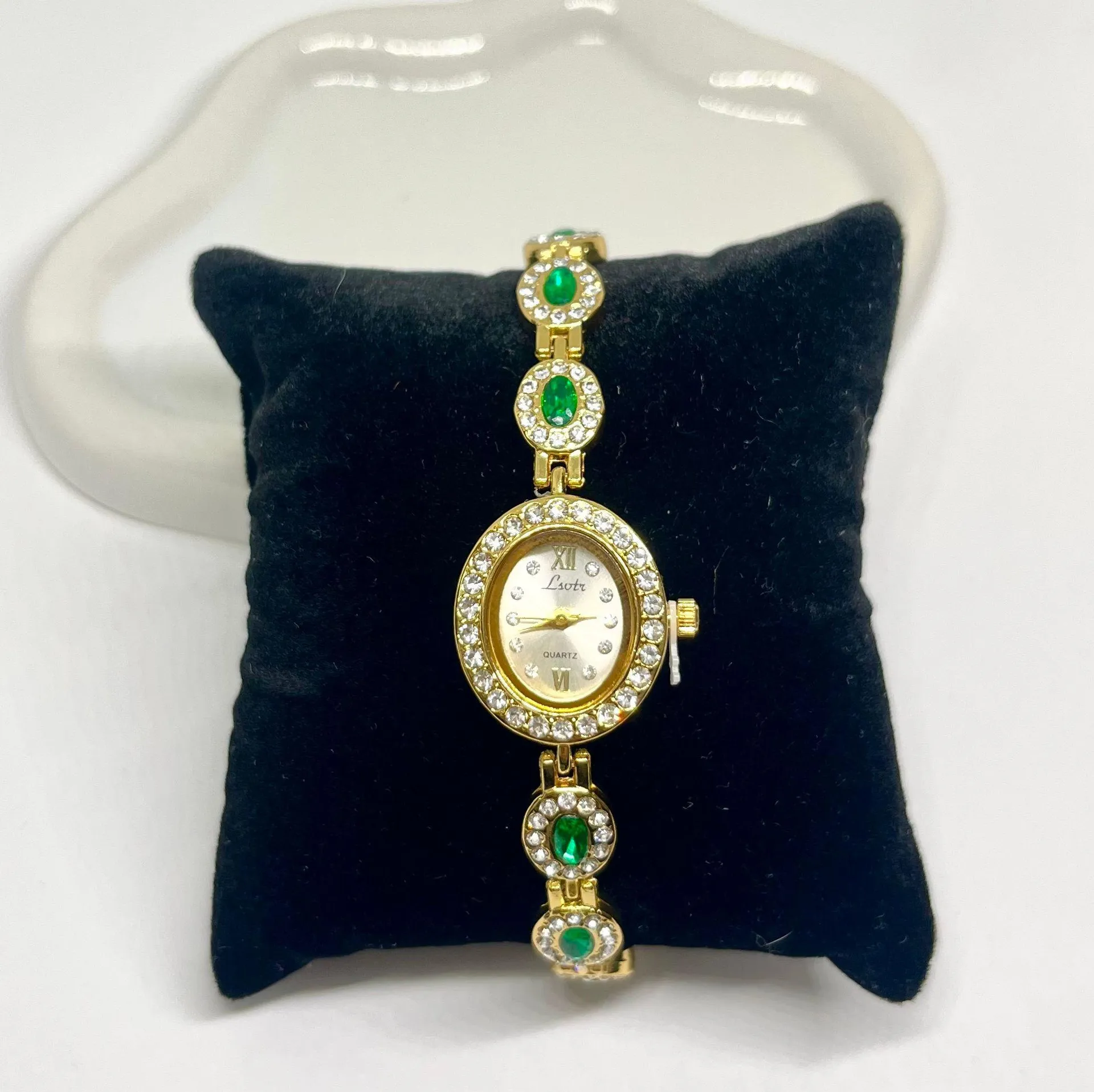 Emerald Green Stone Diamond Gold Watch - Image 5