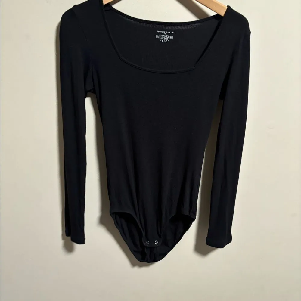 Summersalt Square Neck Ribbed Black Long Sleeve Tencel Bodysuit- Size Medium - Image 3