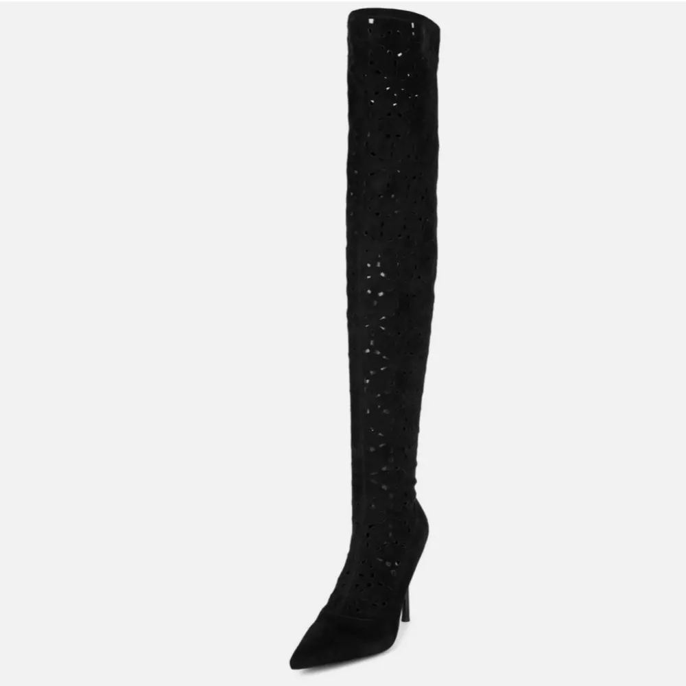 Jeffrey Campbell Black Suede Perforated Tall Boots Stiletto Heel 6.5 - Image 3