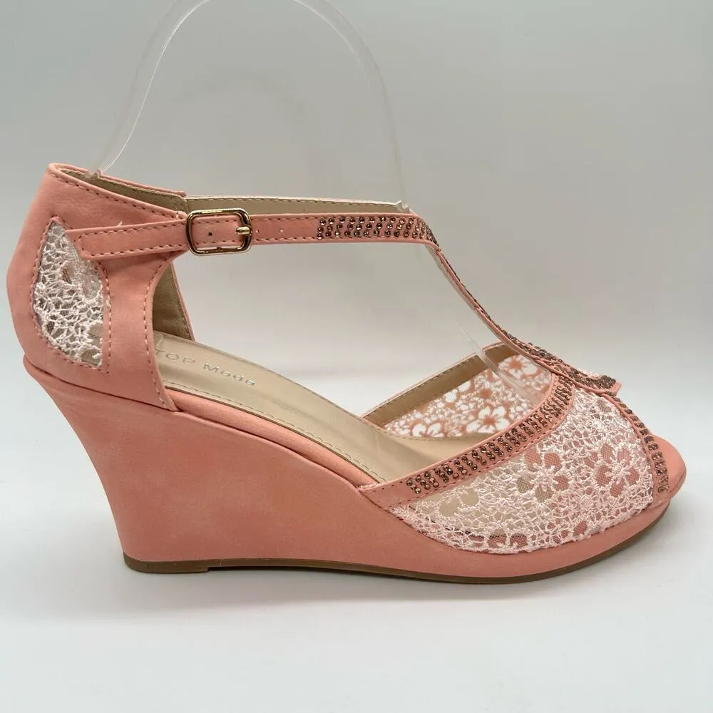 Top Moda Sandal Womens 8 Pink Rhinestone Strappy Lace Sandal NEW‎ - Image 3