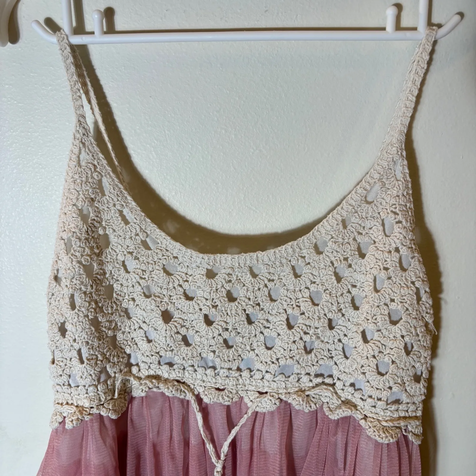 J. Gee Tiered Crochet Lace Tulle Dress Boho Festival Pink Olive White Large - Image 2