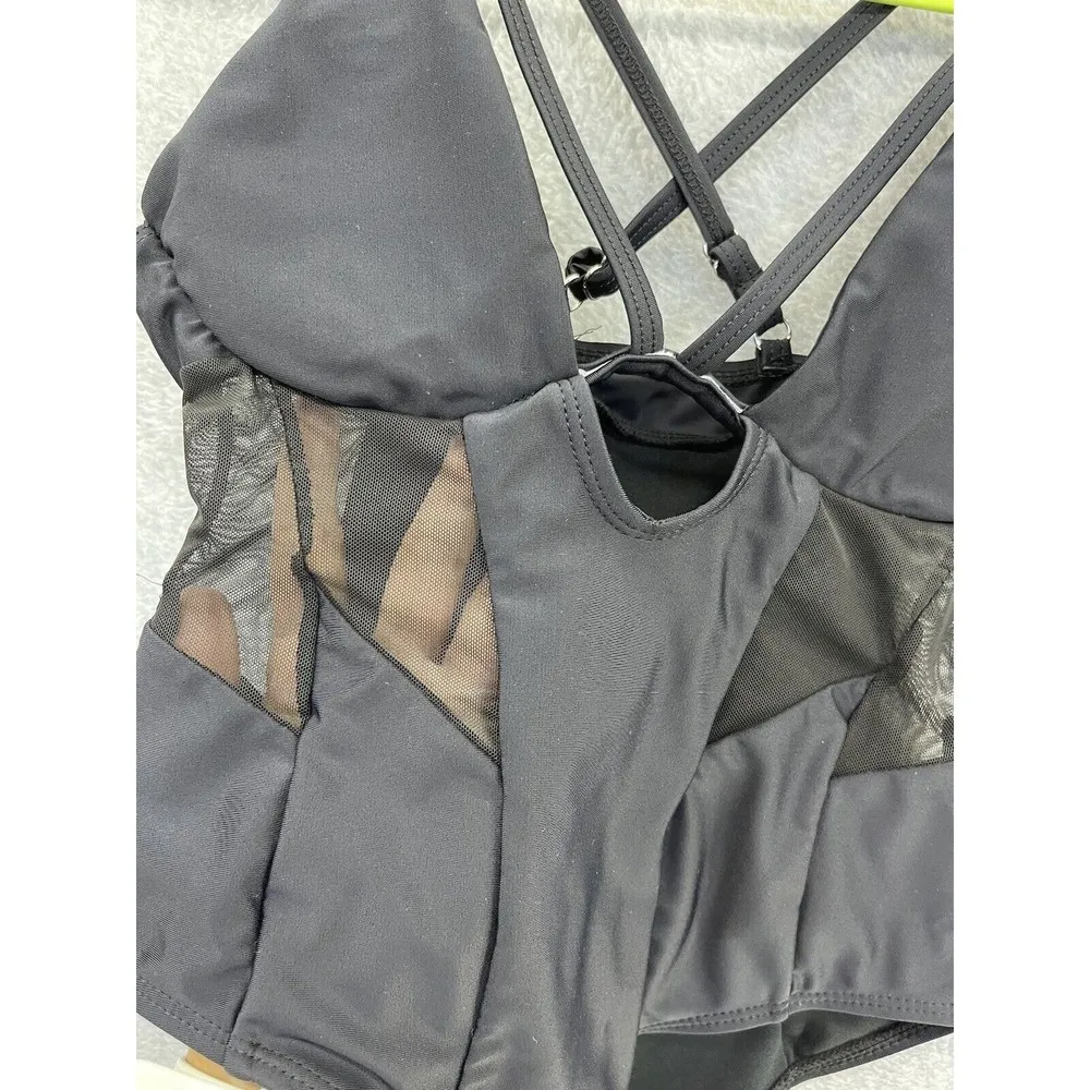 Matte Collections Women's Swimsuit Solid Black Mesh Sides Padded Small Keyhole - Image 8