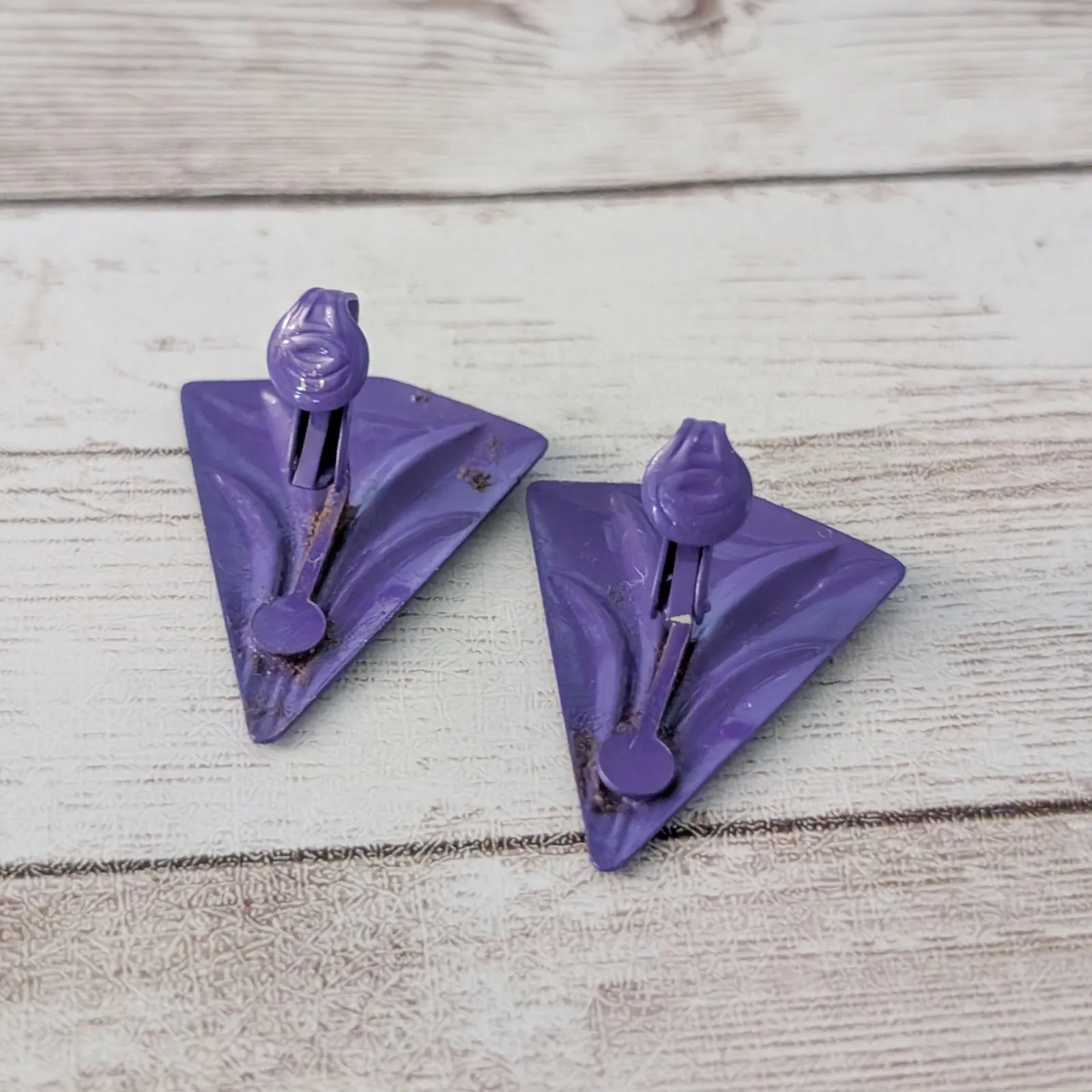 Vintage Clip On Earrings Retro Deep Purple Statement Triangle 1.25" large - Image 5