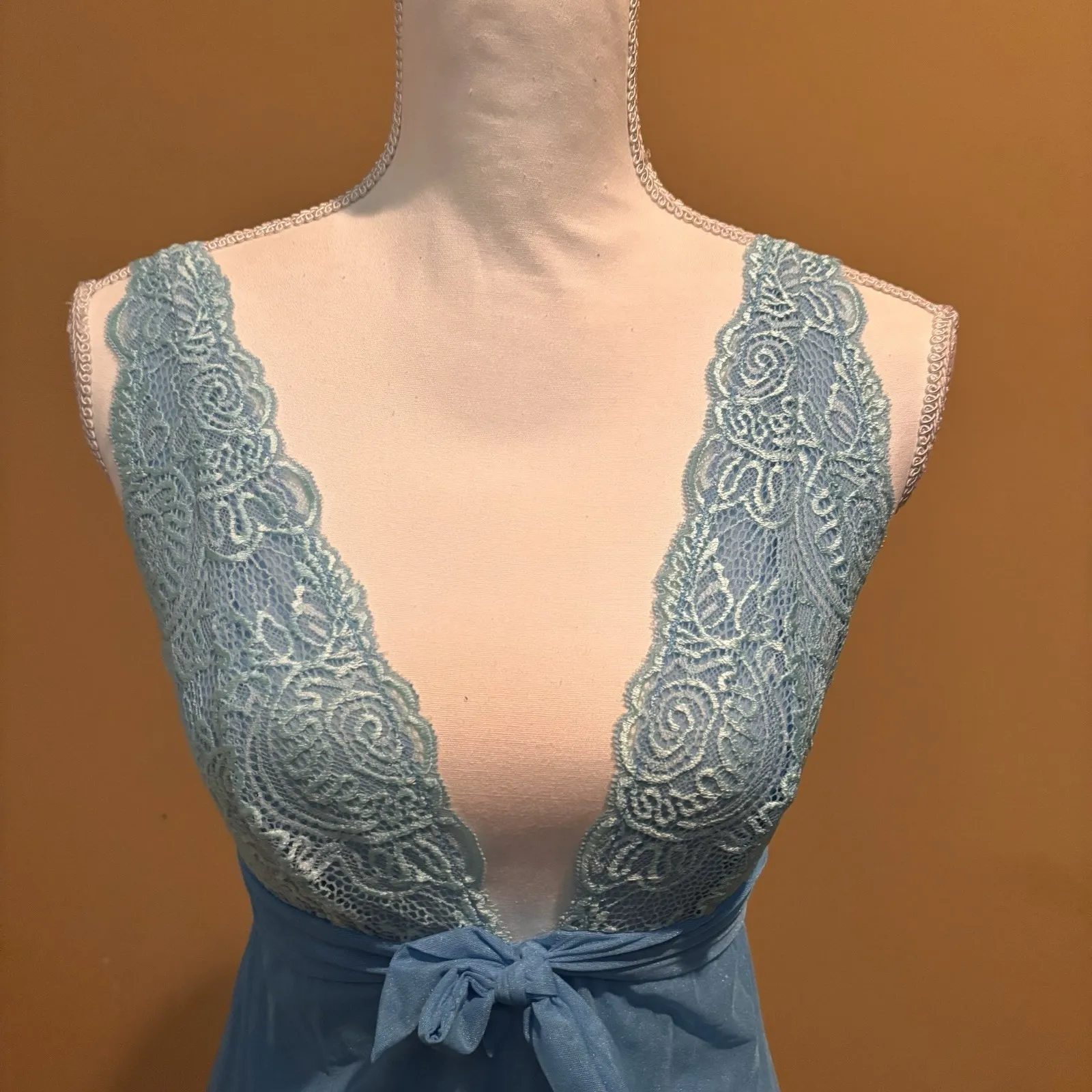 Vintage Victoria's Secret Blue Lace Chemise Slip Dress Sheer Lingerie Size Med - Image 3