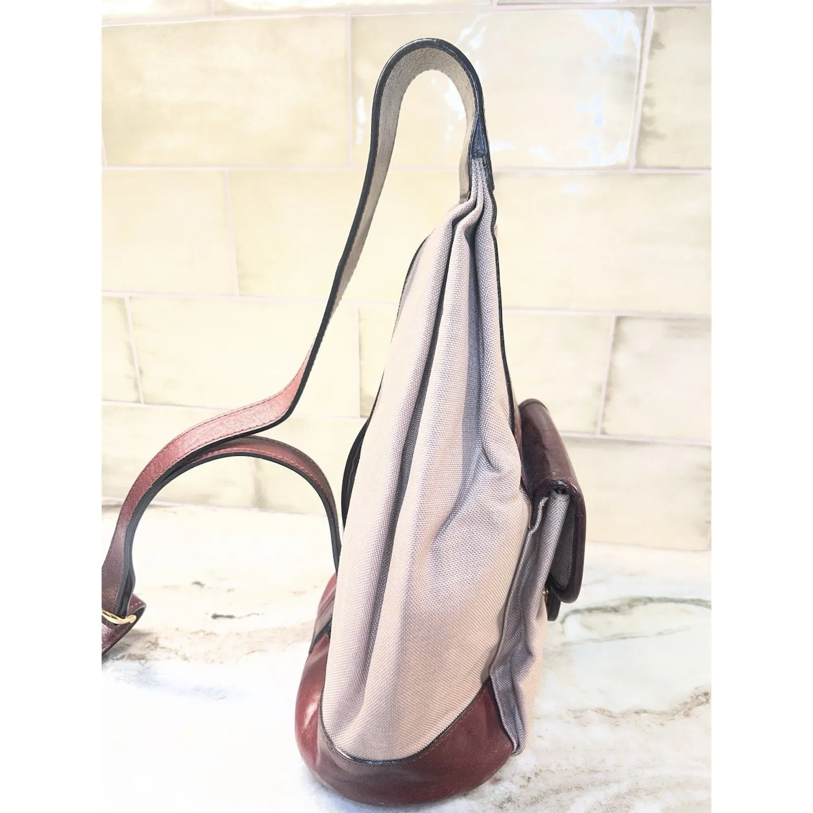 OROTON BEIGE CANVAS With LEATHER TRIM & STRAP SLING BACKPACK Sling bag Quality Tan - Image 4