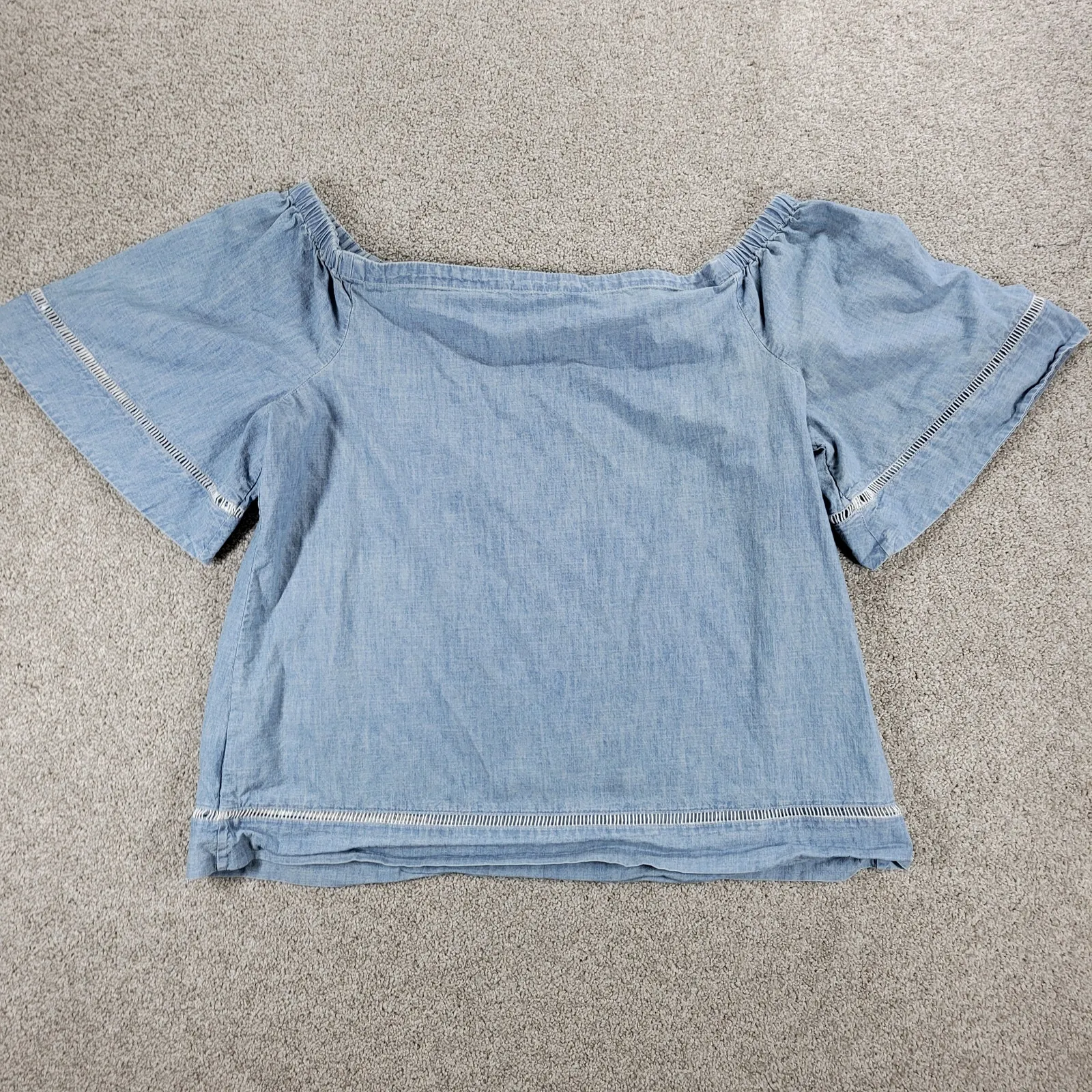 Lauren Ralph Lauren Chambray Off Shoulder Top‎ Womens XL Blue Denim Bell Sleeve - Image 3