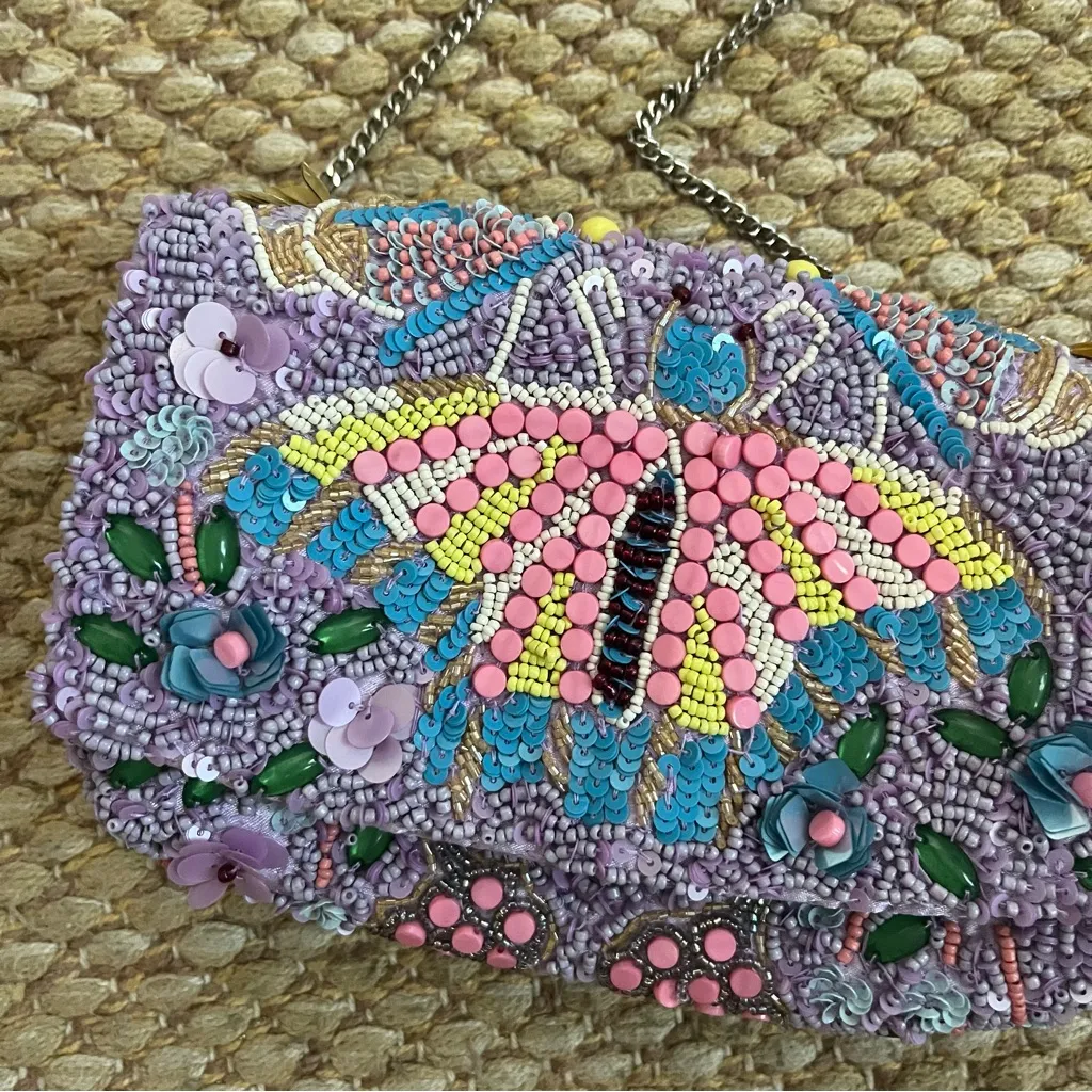 Viral Made in India Handcrafted beaded sequin butterfly clutch bag w chain - Image 2