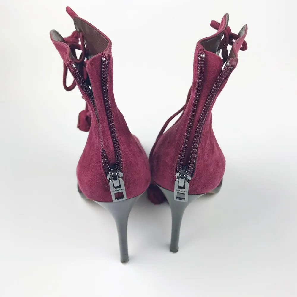 Coach Lena Victorian Peep Toe Lace Up Heeled Booties Red Wine Suede Leather 5.5 - Image 6