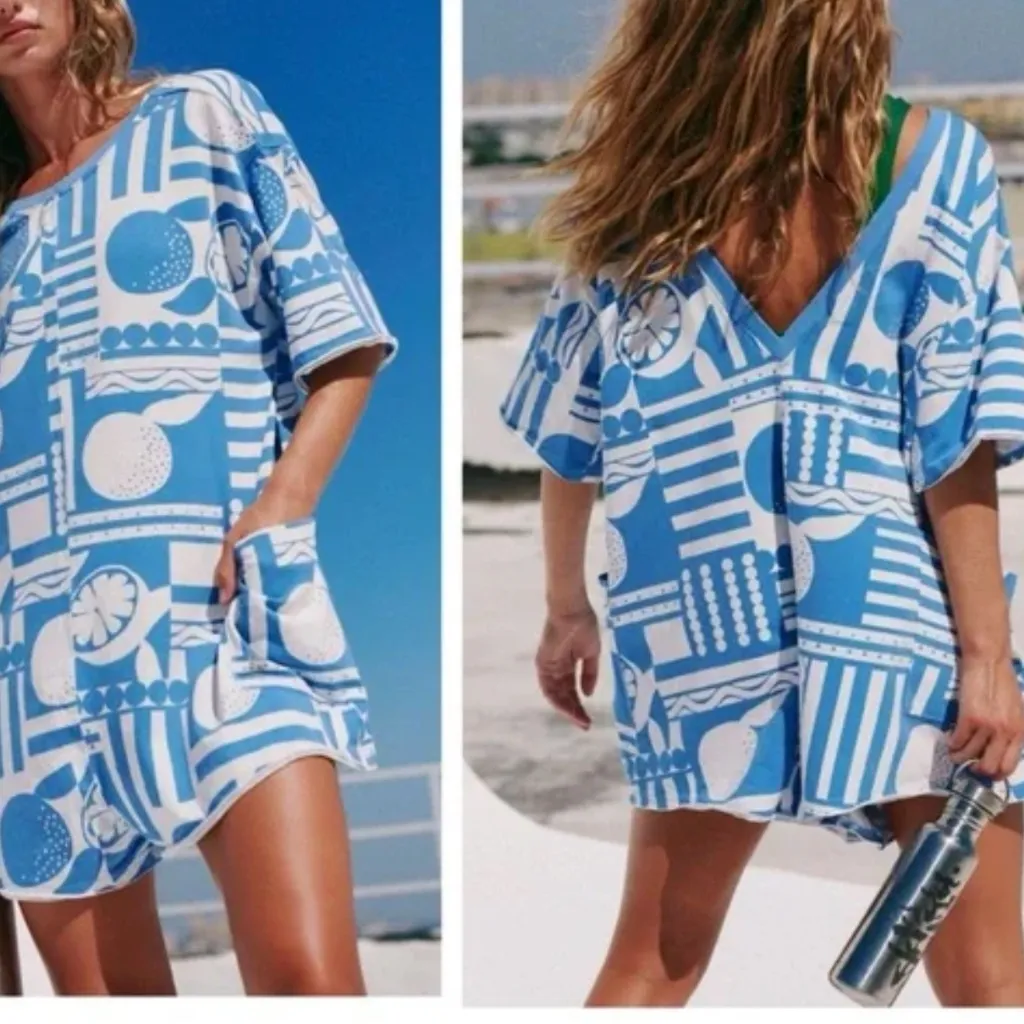 FP Hot Shot Printed Tee Romper in Sunday Market Blue sz xs NWT - Image 4