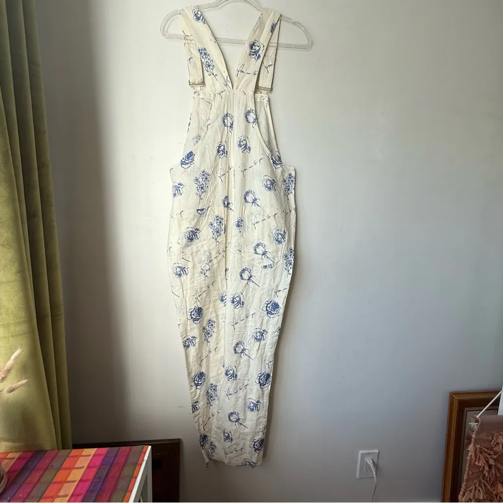 WeWoreWhat From Me To You White Blue Floral Linen-Blend Overalls M - Image 6