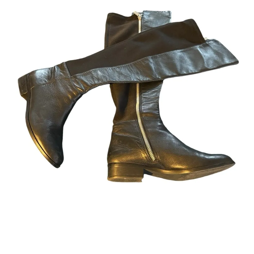 MK MICHAEL KORS BROMLEY BLACK Leather Stretch Knit Knee High Boots Sz 6 Side Zip - Image 9