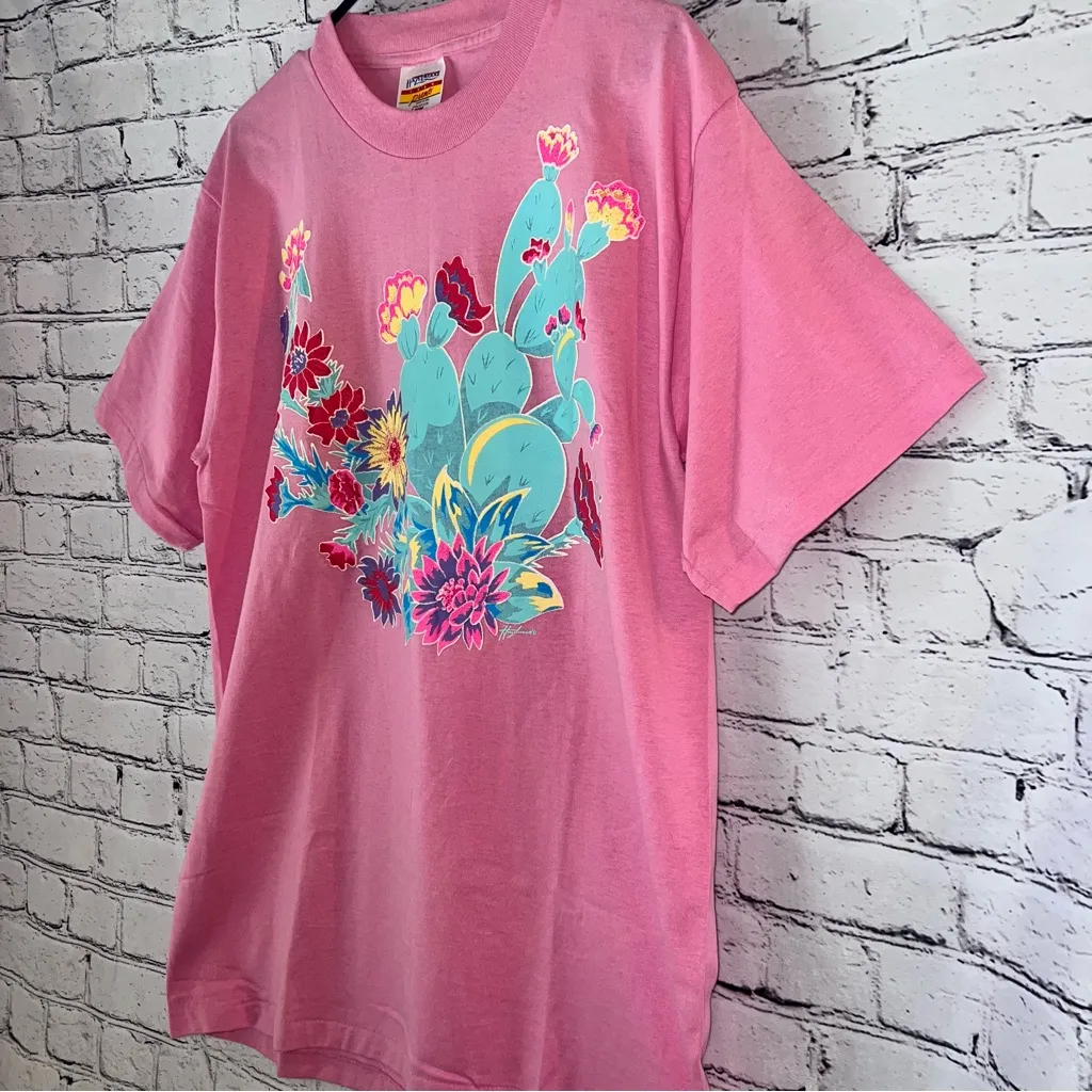 Vintage Women’s Single Stitch Printed Tee Western‎ Cactus Size Large Pink - Image 2