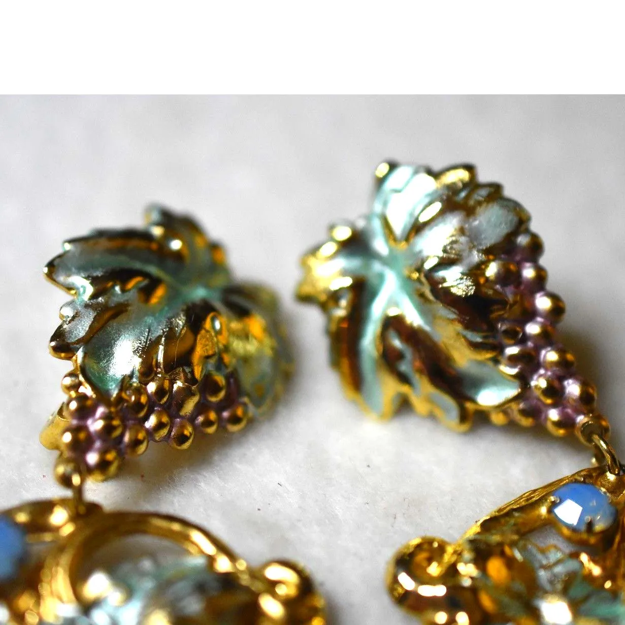 Vintage Banana Bob Multi Color Enamel Blue/Pink/Green Crystals 3.5" Earrings Gold - Image 2