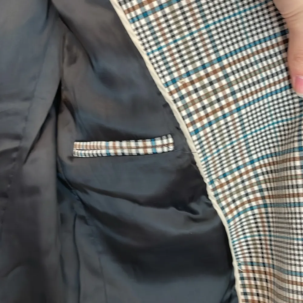 Mango MNG Double breasted check blazer brown blue  plaid size 2 Suit line - Image 6