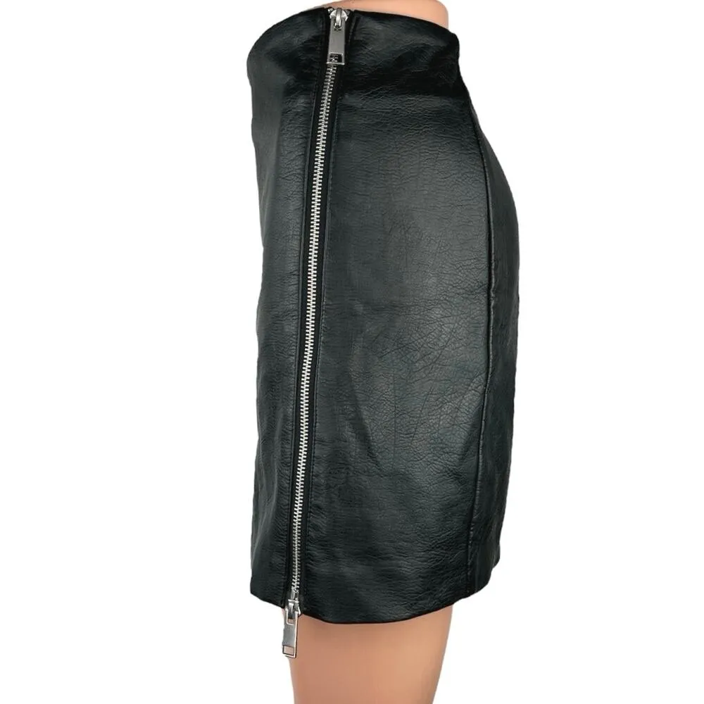 H&M Divided Black Faux Leather Flat Front Zipper Pencil Straight Mini Skirt 2 - Image 2