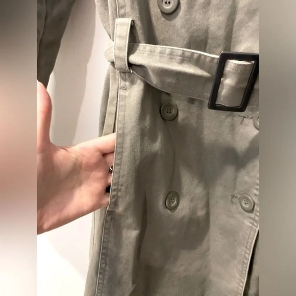 H&M Classic Belted Trench Coat Women's 6 Midi Twill Classic Jacket Olive Green - Image 7