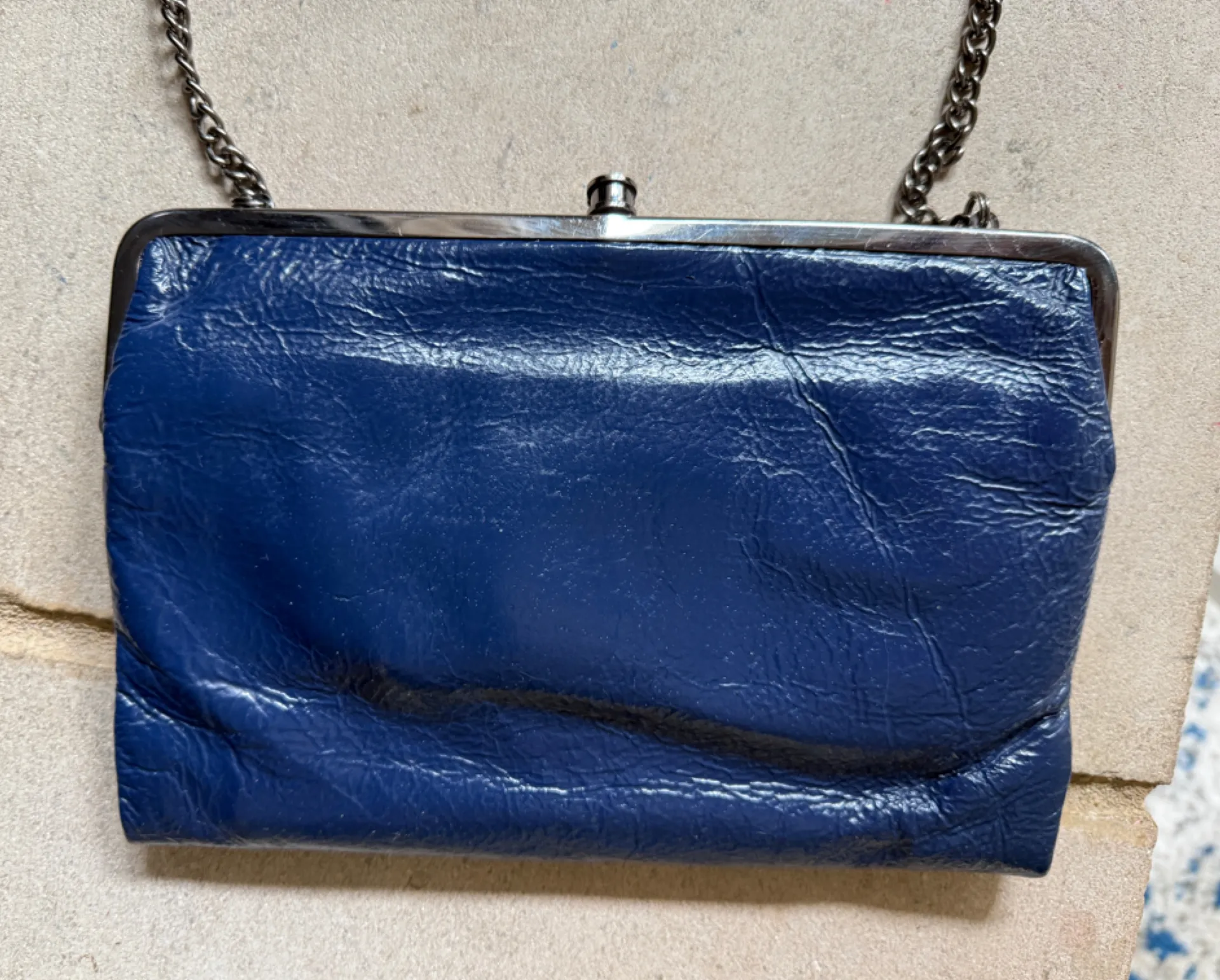 Vintage HOBO navy blue patent leather wallet on crossbody chain. - Image 1