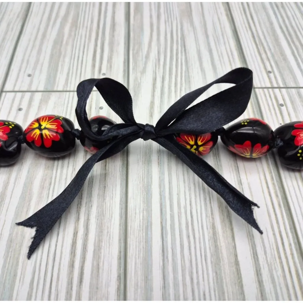Hawaii Wedding Kukui Nut Lei Necklace Black & Red Hibiscus Flower Floral 36" - Image 7