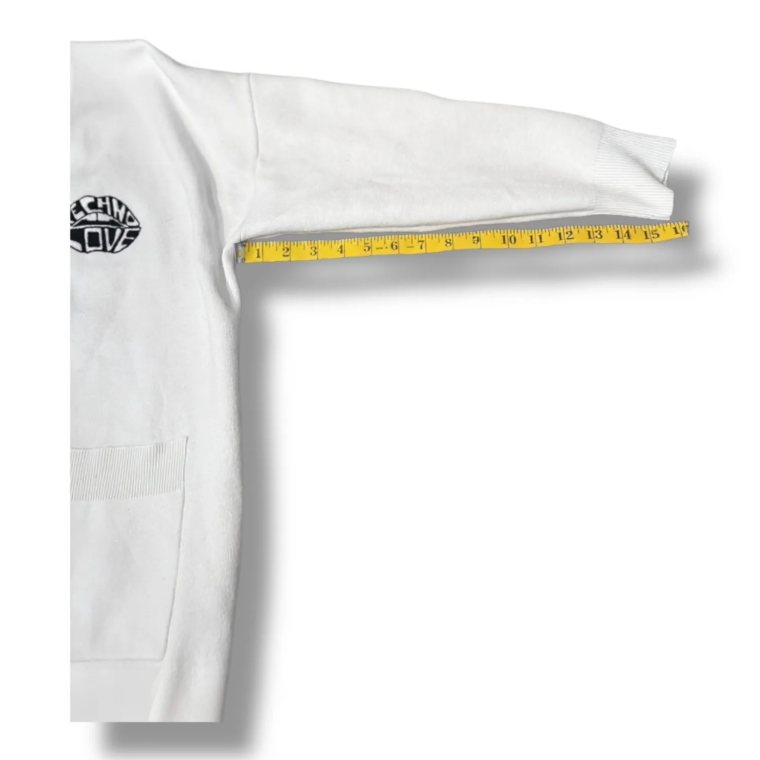 Sandro Paris x Smiley‎ White Techno Cardigan Large Happy Face Elbow Patch Knit - Image 6