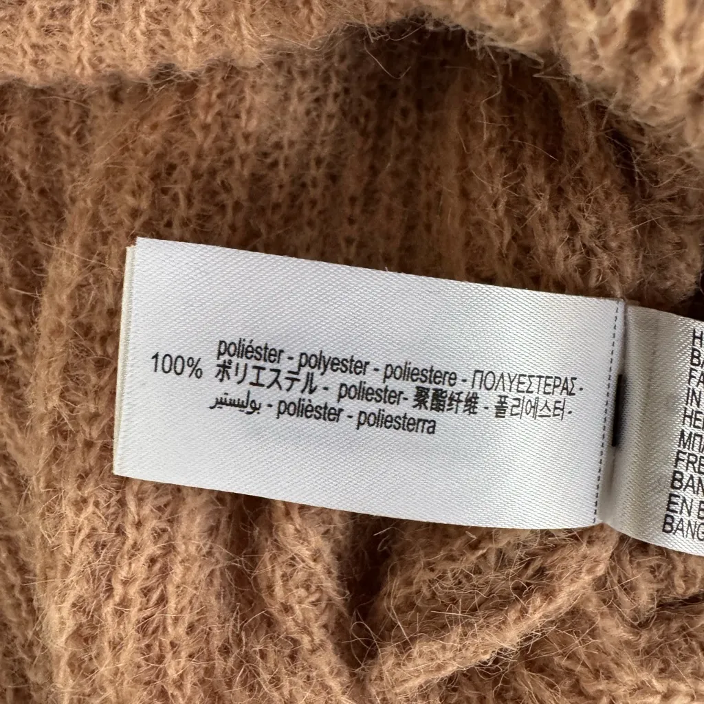 ZARA Camel Tan Ruffle Shoulder Crewneck Cropped Sweater Size Medium - Image 7