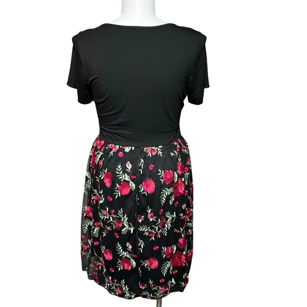 GILLI Womens Dress Short Sleeve Rose Embroidered Bell Skirt Black Red Green 2X - Image 4