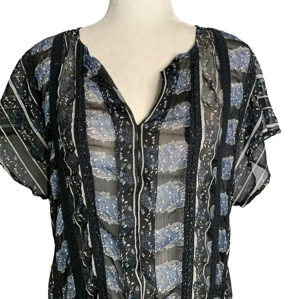 Lucky Brand Sheer High Low Dress M Black Floral Short Sleeve V Neck Crochet Lace - Image 2
