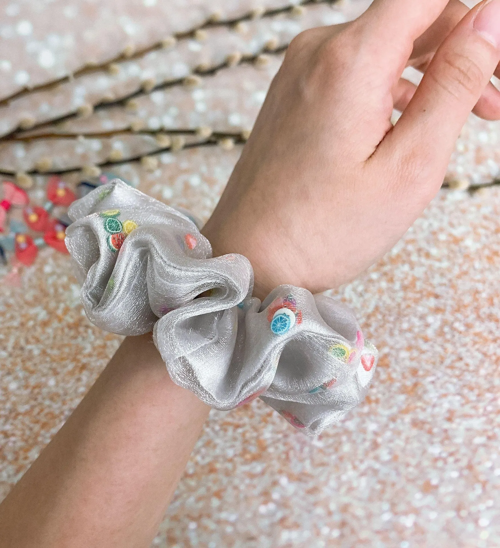Silver Crystal Organza And Satin Double Layered Mixed Fruit Shaker Scrunchie Filled Scrunchie - Image 5