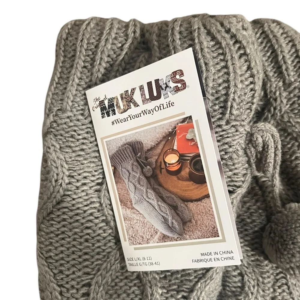 NWT MUK LUKS Women's Pom Cabin Dark Grey Cable Knit Sweater Socks L/XL (8 - Image 3