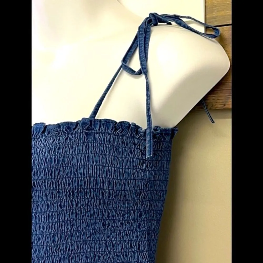 Vici Vintana Smocked Tencel Cropped Straps Tank Top- Denim Blue- Large - Image 5